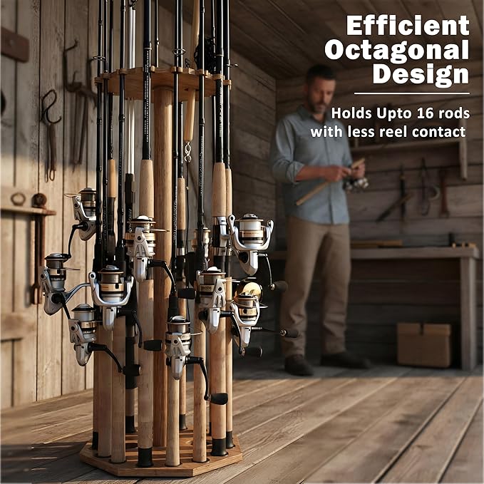 Rush Creek Creations | Rod Holder for 16 Fishing Poles, Garage Organization and Storage, for Reels, Gear, Accessories, Tackle Box
