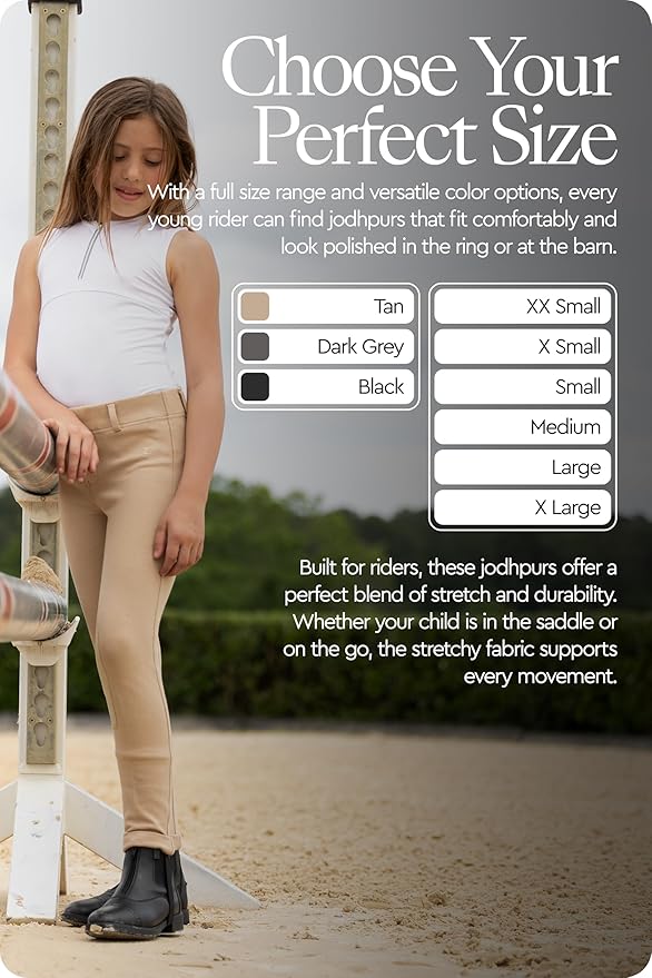 HORZE Nora Girls Riding Pants with Leather Knee Patch | Kids Equestrian Girls Jodhpurs Breeches | Size Chart in Images