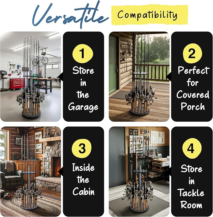 Rush Creek Creations | Rod Holder for 16 Fishing Poles, Garage Organization and Storage, for Reels, Gear, Accessories, Tackle Box