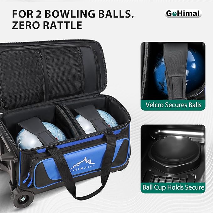 GoHimalダブルローラー2ボールボーリングバッグ、シューズ収納用独立コンパートメント（USメンズ15サイズまで対応）、特大アクセサリーポケット、伸縮ハンドル - 40インチまで延長可能