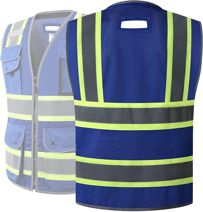 JKSafety 11 Pockets Hi-Vis Blue Mesh Safety Vest for Men Women High Visibility Reflective Construction with Zipper Work Utility PPE Work Gear ANSI/ISEA compliant (102-Blue 3XL)