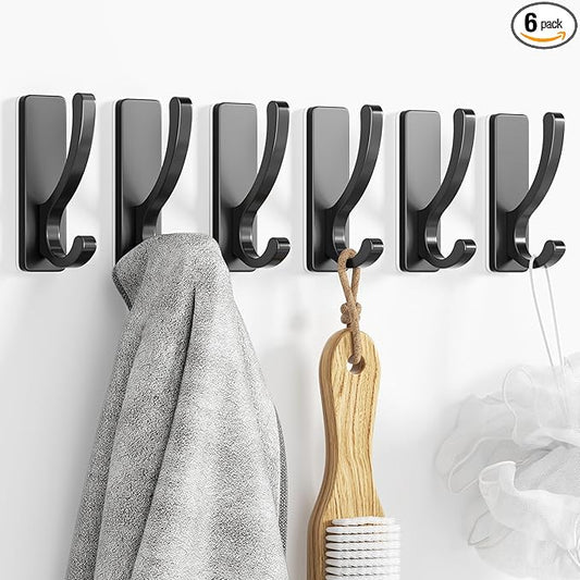 pickpiff Adhesive Wall Hooks for Towels - Sticky Hook Hanging Heavy Duty (13lb), Hanger for Door, Bathroom, Dorm, Closet - for Coats, Purse, Bag, Robe - No Damage to Wall - Black 6 Pack