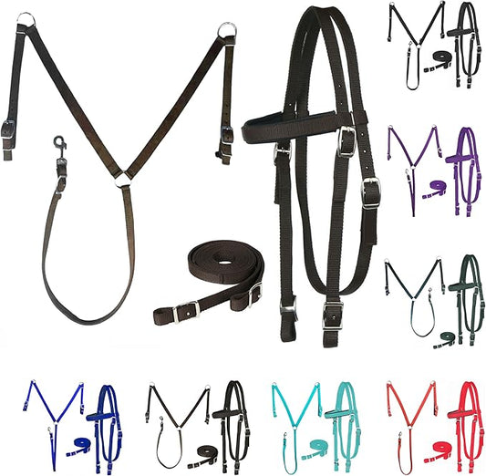 Majestic Ally Nylon Padded Equestrian Browband Headstall, Reins & BreastCollar Set for Horse- Full