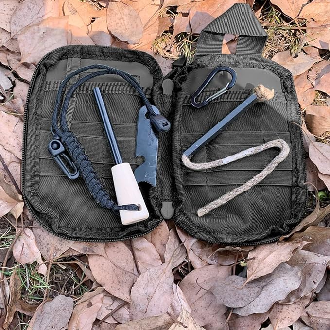Fire Starter Survival Kit, Larger Ferro Rod with Striker Lanyard 3in Long Flint and Steel, 13.8in Wick Hemp Cord, Multifunctional Bag