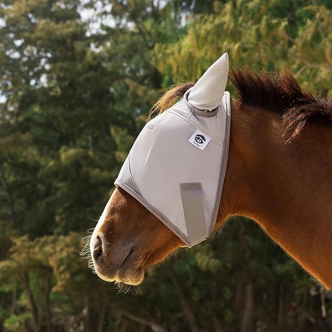 Raelitego Horse Fly Mask, Adjustable Fly Masks for Horses with Ears, UV Protection from Insect Pests Comfort Mesh Without Nose Average Size Horses Accessories(Extra Large)