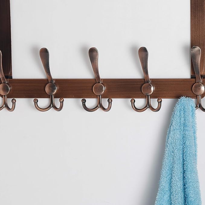 SKOLOO Over The Door Hook - for Doors up to 1-3/4'' Thickness, Metal Door Hanger with 5 Triple Hooks, Copper Red Over The Door Hanger for Coats, Hats, Towels, Assembly Required
