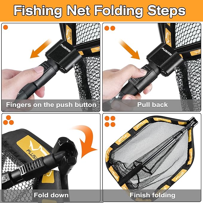 PLUSINNO Floating Fishing Net for Steelhead, Salmon, Fly, Kayak, Catfish, Bass, Trout Fishing, Rubber Coated Foldable Landing Net with Fixed or Telescoping Pole Handle, Fishing Gear and Gifts for Men