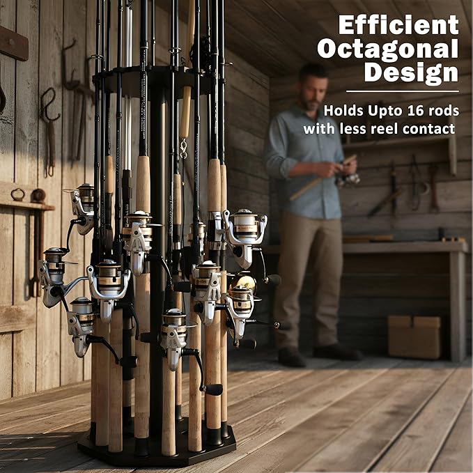 Rush Creek Creations | Rod Holder for 16 Fishing Poles, Garage Organization and Storage, for Reels, Gear, Accessories, Tackle Box