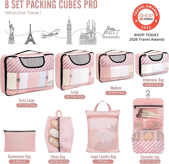 Veken 8 Set Packing Cubes for Travel Essentials, Suitcase Organizer Bags in 4 Sizes, Carry-On Luggage Accessories with Large Laundry & Hanging Toiletry Bag, Must-Have for Airplane, Road Trip & Camping