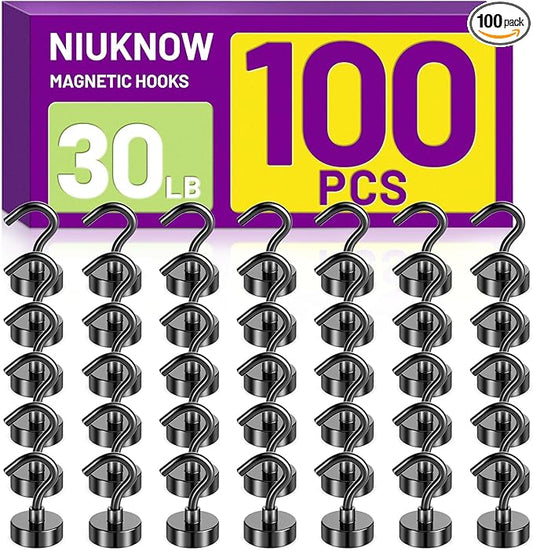 Magnetic Hooks, 100Pack Neodymium Magnet Hook for Hanging Mugs, 30LBS Strong Metal Magnet with Hooks Heavy Duty for Classrooms, Cruise, Fridge, Office, Home and Kitchen