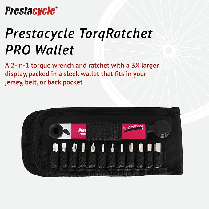Prestacycle TorqRatchet PRO Wallet Kit – 2–10Nm Torque Wrench & Reversible Ratchet Multi-Tool – Bike Tool Set with 12 Bits – Slim Carry Wallet with Card Pocket – 60Nm Rated