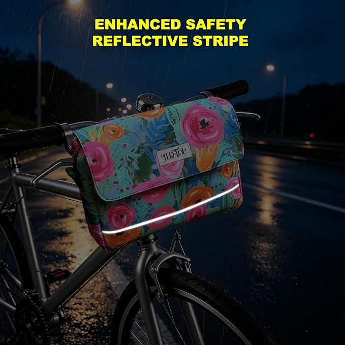 Bike Handlebar Bag, 2.9L Waterproof Bicycle Front Basket Bag with Reflective Strip, Convertible Shoulder Bag for Women, Floral Bike Pouch for Cycling Commuting Outdoor (Green Floral)