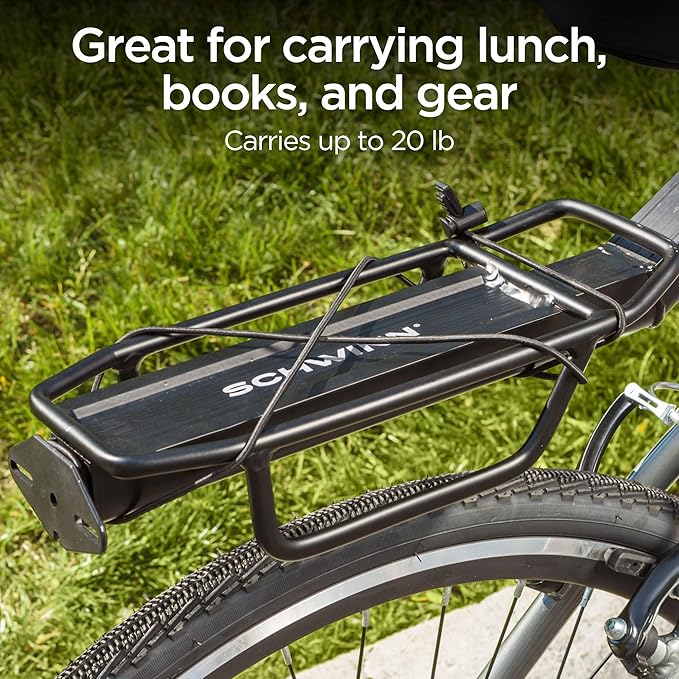 Schwinn Deluxe Alloy Rear Bike Rack, 20 lbs Capacity, Lightweight, Compact and Durable Construction, Fits Most Adult Bicycles, Cargo Options for Backpack, Gear & More, Bicycle Rack for Back of Bike