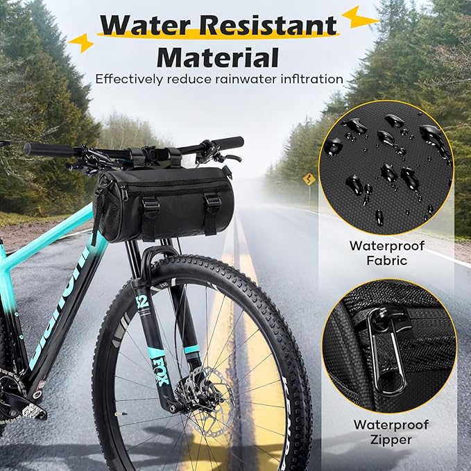 SEAFEW 6L Large Black Bike Handlebar Bag, Waterproof Rain Cover Front Bike Bag for Bicycles, Mountain Road Bike Fram Storage Barrel Bag with Water-resistant Zippers, Cycling Commuter Shoulder Bag