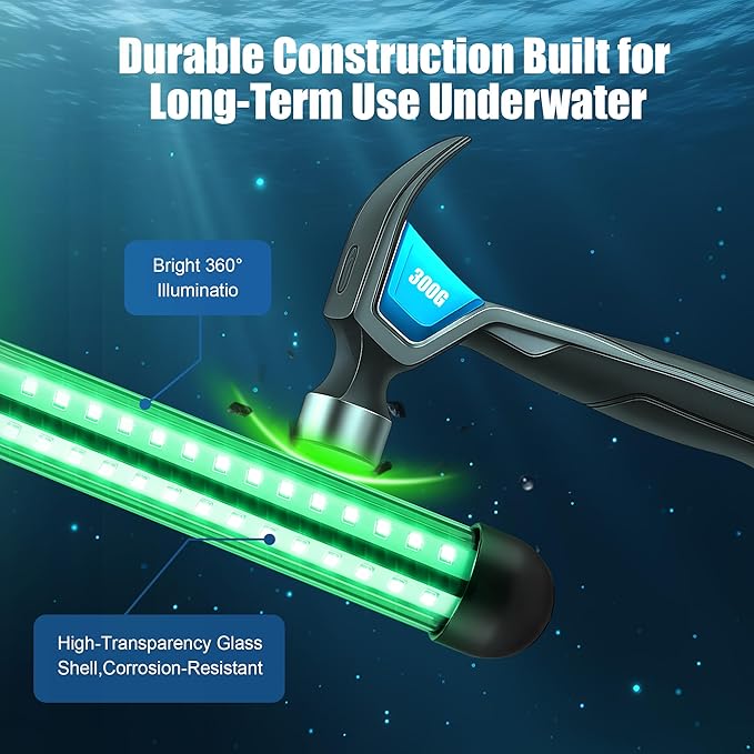 水中集魚灯、25W 2700LM グリーン集魚灯、IP68高効率LED集魚ランプ、UL認証済み32.8フィートケーブル、ボート、桟橋、カヤック用防水水中ランプ