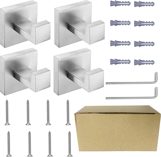 Nolimas Towel Hook Stainless Steel Bathroom Rustproof Clothes Towel Coat Hook Wall Mounted Square Toilet Kitchen, Heavy Duty Door Hanger, 4 Pack, Brushed Nickel