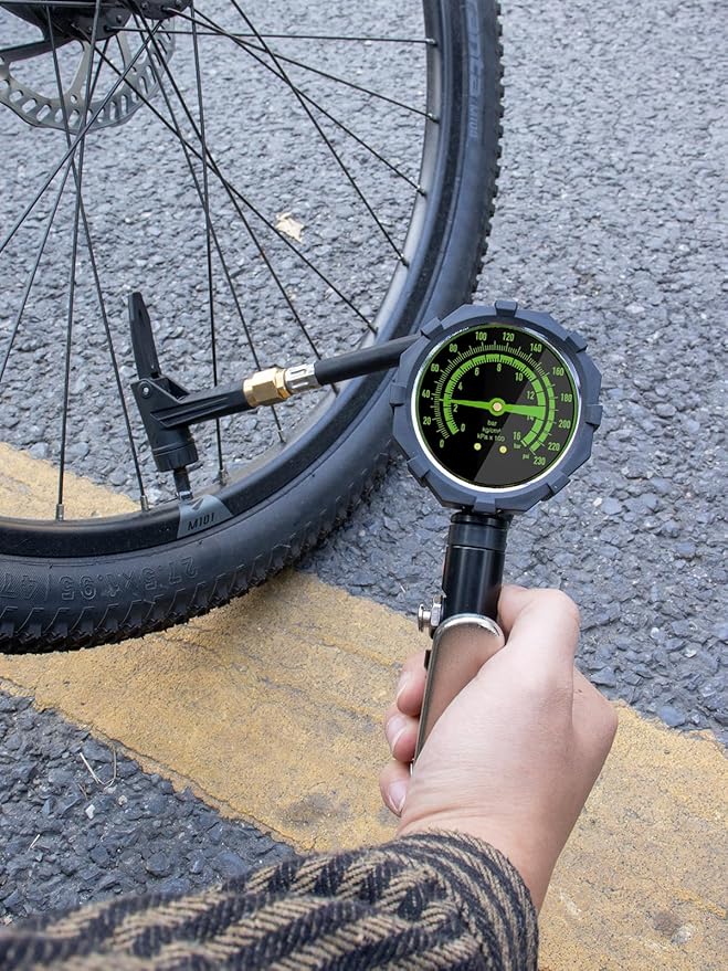 AZUNO Bike Tire Inflator with Pressure Gauge, New Upgrade Presta Valve Adapter for Air Compressor, Presta Valve Air Chuck, Universal Presta and Schrader Air Compressor Tool, with Storage Box