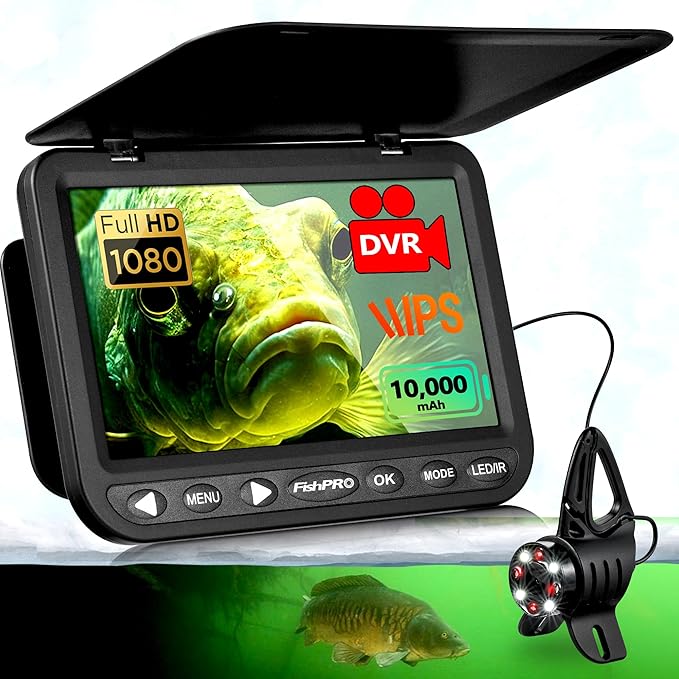 [FishPRO® 2026 アップグレード] NO.1 HD 1080P 水中釣りカメラ 7インチIPS DVR-32GB付き、10,000mAh付き氷上釣りカメラ (使いやすい)、USB-C、LED+IR、83フィート付き氷上湖ボート釣り用魚群探知機カメラ