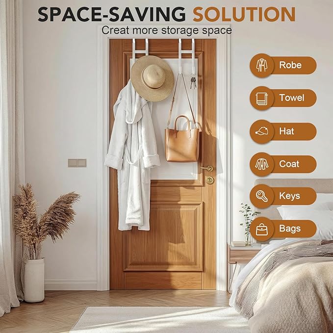 Over Door Hook, 2 Pack Over Door Hanger with Dual Hook Heavy Duty Metal Hanger with Non Slip Rubber Over The Door Organizer Hanger for Hanging Clothes Towels Hats Bags（White）