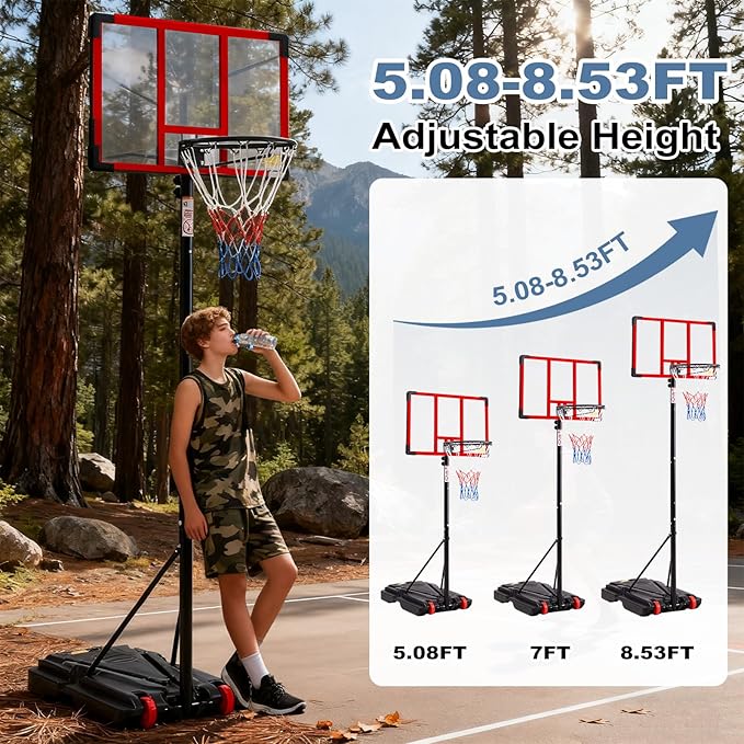 DUMOS 10FT Adjustable Height Portable Basketball Hoop Outdoor for Adult, 44 Inch Shatterproof Backboard w/Shock Absorbent Rim, Fillable Base, 2 Wheels for Swimming Pool/Indoor