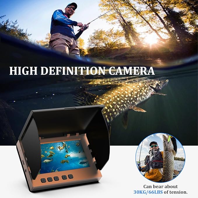 Underwater Fishing Camera, 4.3 Inch LCD, Infrared Night Vision, Wide Angle IP68 Waterproof Portable Fish Camera for Ice, Lake, Boat & Kayak Fishing (Gold)