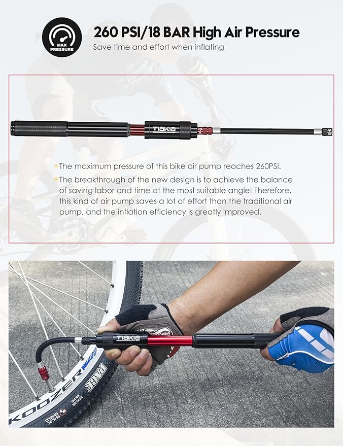 Tiakia Mini Bike Pump, Portable Bicycle Pump with Bracket, 260PSI High Pressure Frame Pump Air Hand Pump Fit Presta, Schrader & Woods Valves, Aluminum Alloy Tire Pump for Road/Mountain Bikes, Balls