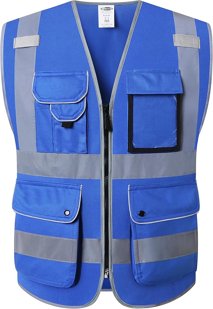 JKSafety 9 Pockets High Visibility Zipper Front Safety Vest With Reflective Strips Meets ANSI/ISEA Standard (150Blue-L)