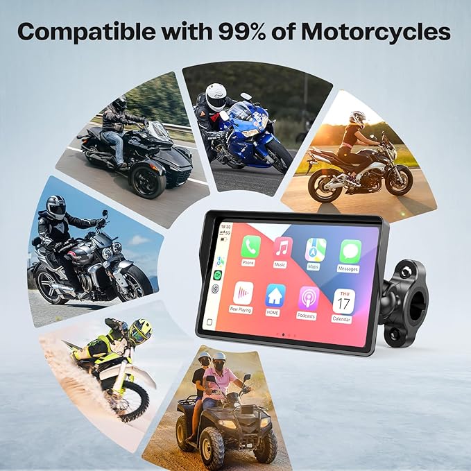 WonVon Motorcycle CarPlay Screen with Android Auto – 5” Waterproof GPS, Pantalla para Moto, Apple CarPlay, Navigation System for Motorcycle, Dual 2K Dash Cam Bluetooth Audio & TPMS (No SD Card)