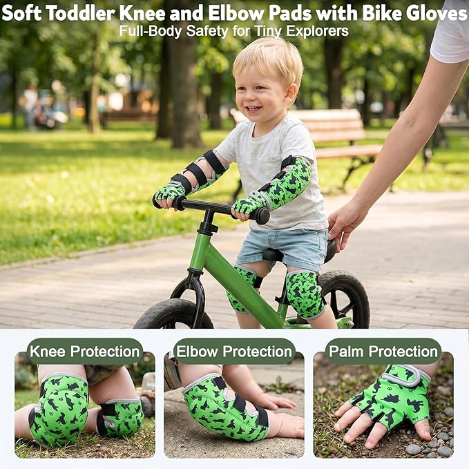 Soft Toddler Knee Pads and Elbow Pads Set with Bike Gloves, Non-Slip Toddler Knee Pads for Boys Girls 2-4 Years, Breathable Kids Protective Gear for Balance Bike, Scooter, Bicycle