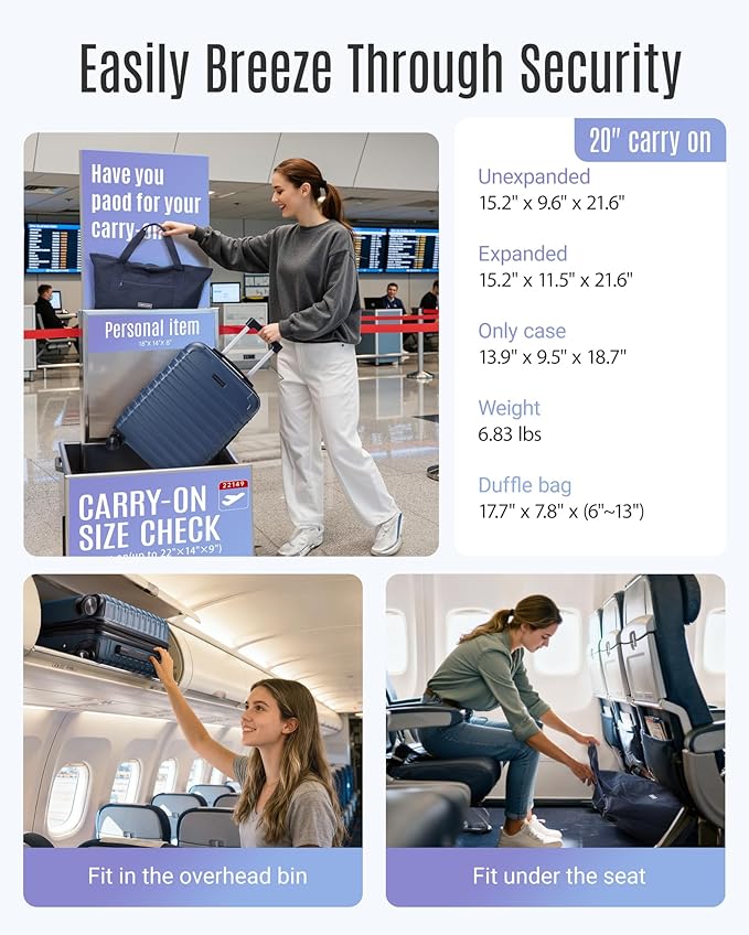 LIGHT FLIGHT スーツケースセット 機内持ち込み 22x14x9 航空会社公認 機内持ち込み旅行バッグ キャスター付き 拡張可能 ハードシェル 軽量 TSAロック付き 2点セット (DB/20) ロイヤルブルー