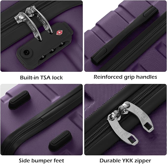 Coolife Luggage スーツケース 機内持込 旅行用品 キャリーバッグ キャリーケース 軽量 ハードシェル TSAロック搭載 (パープル, 20/24/28)