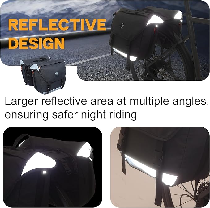 Bike Panniers, 25-35L Expandable Bike Saddle Bag for Rear Rack, Waterproof Large Capacity Reflective Strip Bicycle Panniers, Ebike Accessories for Commuter Grocery Shopping Travel Carrier