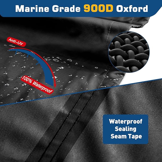 Wake Tower Boat Cover - 900D Marine Heavy Duty Waterproof, Fits 23-25ft V-Hull Bow Runabout Ski Boats, Black