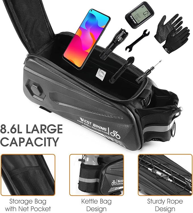 West Biking Bike Rear Seat Bag, Double Water Resistant, Zipper, Bicycle Trunk Pannier, 8.6L Capacity Waterproof Backseat Carrier Cargo Pouch with Strap & Rain Cover For Cycling