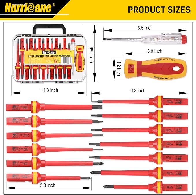 HURRICANE 1000V 絶縁ドライバーセット、15ピース プロフェッショナル絶縁電気技師ドライバーセット、CR-V マグネットチップ、四角（ロバートソン）プラスマイナス ポジ トルクス 絶縁電気技師ツールキット