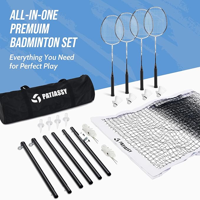 Badminton Set for Backyard, Outdoor Badminton Net with Anti-Sag Design, 4 Professional Badminton Rackets, 4 Shuttlecocks and Carry Bag for Lawn or Beach