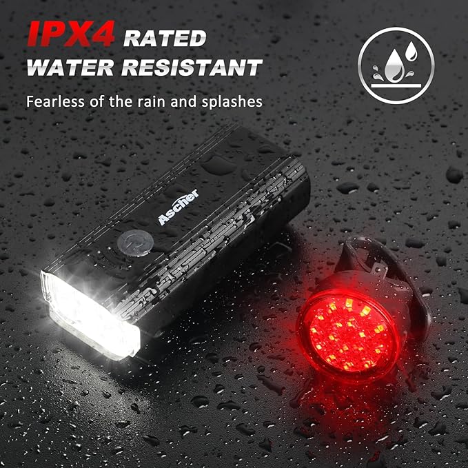 Ascher USB Rechargeable Bike Light Front and Back, Super Bright 1000 Lumens Bicycle Headlight and Compact Tail Light, 4 Light Modes, Large Capacity Battery Bike Lights for Night Riding Road Mountain