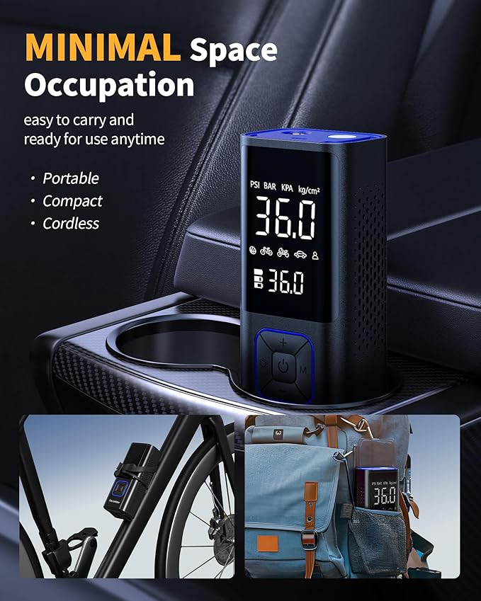 Powools Cordless Tire Inflator 150PSI Portable Air Compressor with Auto Shutoff, Air Pump for Car Tires, Motorcycle, Bike, Balls, Inflatables, LED Light, Blue, Large Capacity