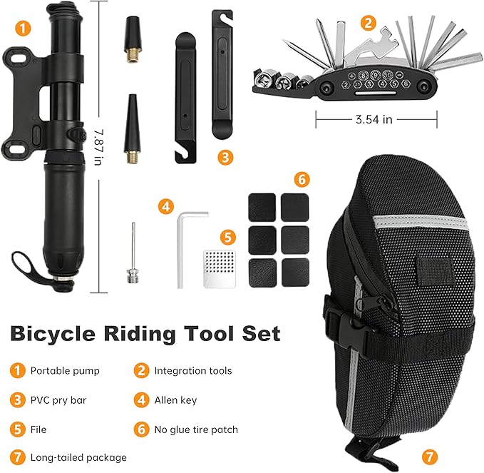 Bicycle Seat Bag Water Proof with Bike Tool Kit, Bike Repair Kit with Bike Tire Pump Bicycle Repair Bag Portable Wrenches Glueless Tire Patchs 15 in 1