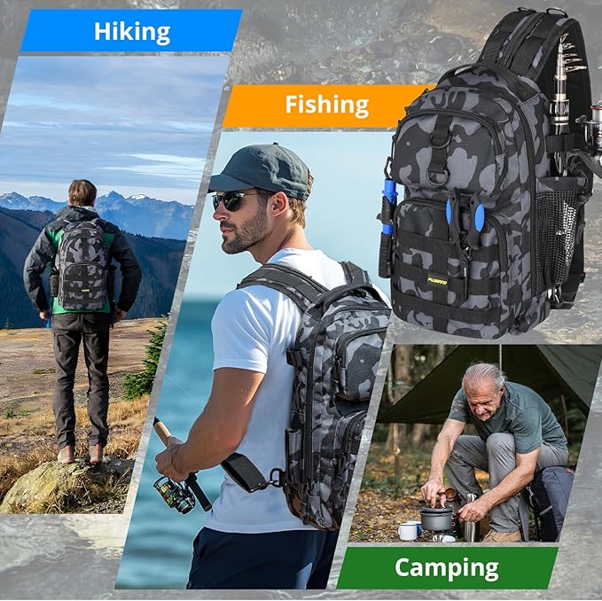 PLUSINNO Fishing Backpack with Fishing Rod &Tackle Boxes, Waterproof Sling Tackle Bag for Fish Gear with Rod Holder, Gifts for Men with Lures, Pliers, Fish Lip Gripper.