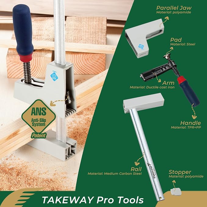 Pro Tools PJP16-8 Light-Duty Parallel Jaw Clamp – Woodworking F-Clamp with ANS Anti-Slip System, Ergonomic Grip, and Non-Marring Jaws for Cabinetry, Joinery, and DIY Projects - 2-Pack