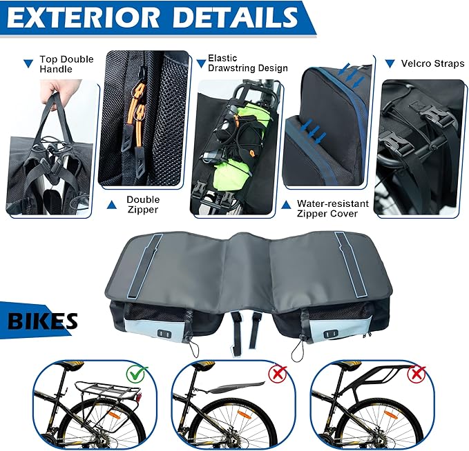 Bike Saddle Bags for Rear Rack, 30L Large Capacity Bike Panniers, Waterproof Double Bicycle Trunk Bag with Reflective Strips, Bike Accessories for Road Mountain Cycling Traveling Commuting