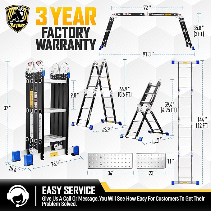Step Ladder, Bryner 12Ft Multi-Purpose Aluminium Folding Extension Ladders, 7 in 1 Folding Adjustable Telescoping Step Ladder 330lbs
