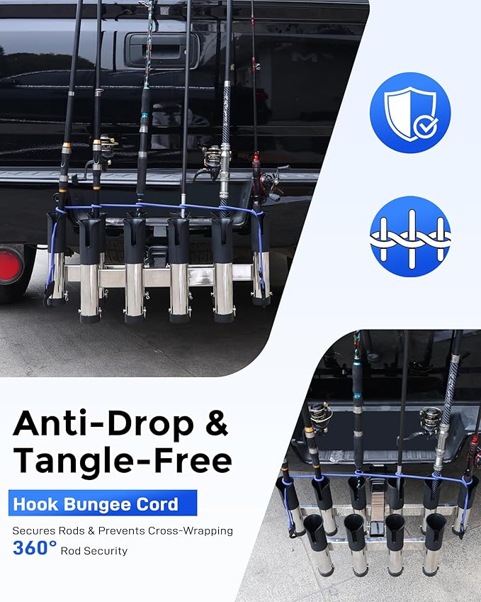 Adjustable Fishing Rod Holder for Truck 2" Hitch Receivers – Holds 6-10 Rods, 3 Angles, Quick Release, Anti-Shake Elastic Straps, Stainless Steel Fishing Pole Holder for Truck