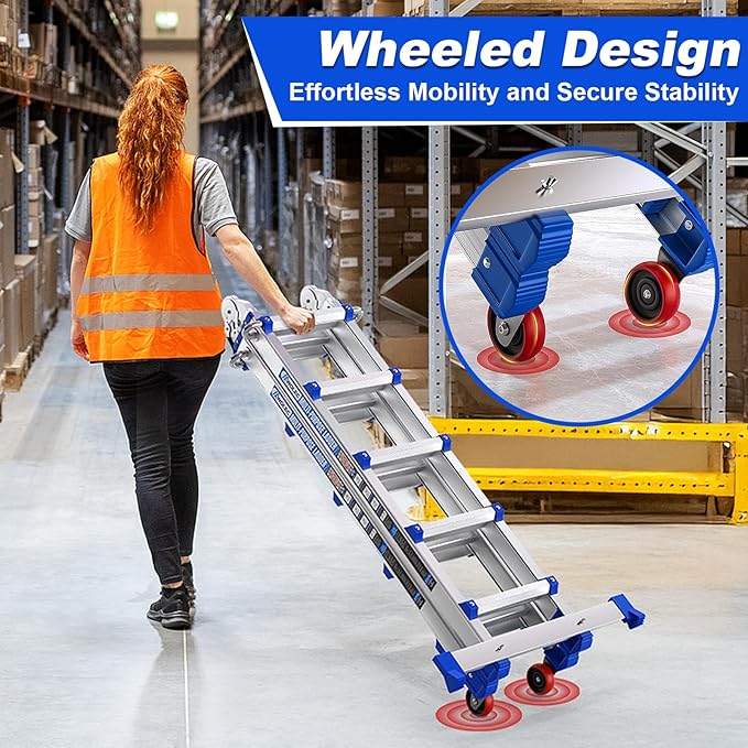Telescoping A-Frame Ladder- 17FT Folding Extension Ladder with Wheels & Stabilizer Bar, 330lb Security Load Multi Position Ladders for Stairs Home Indoor Outdoor Roof