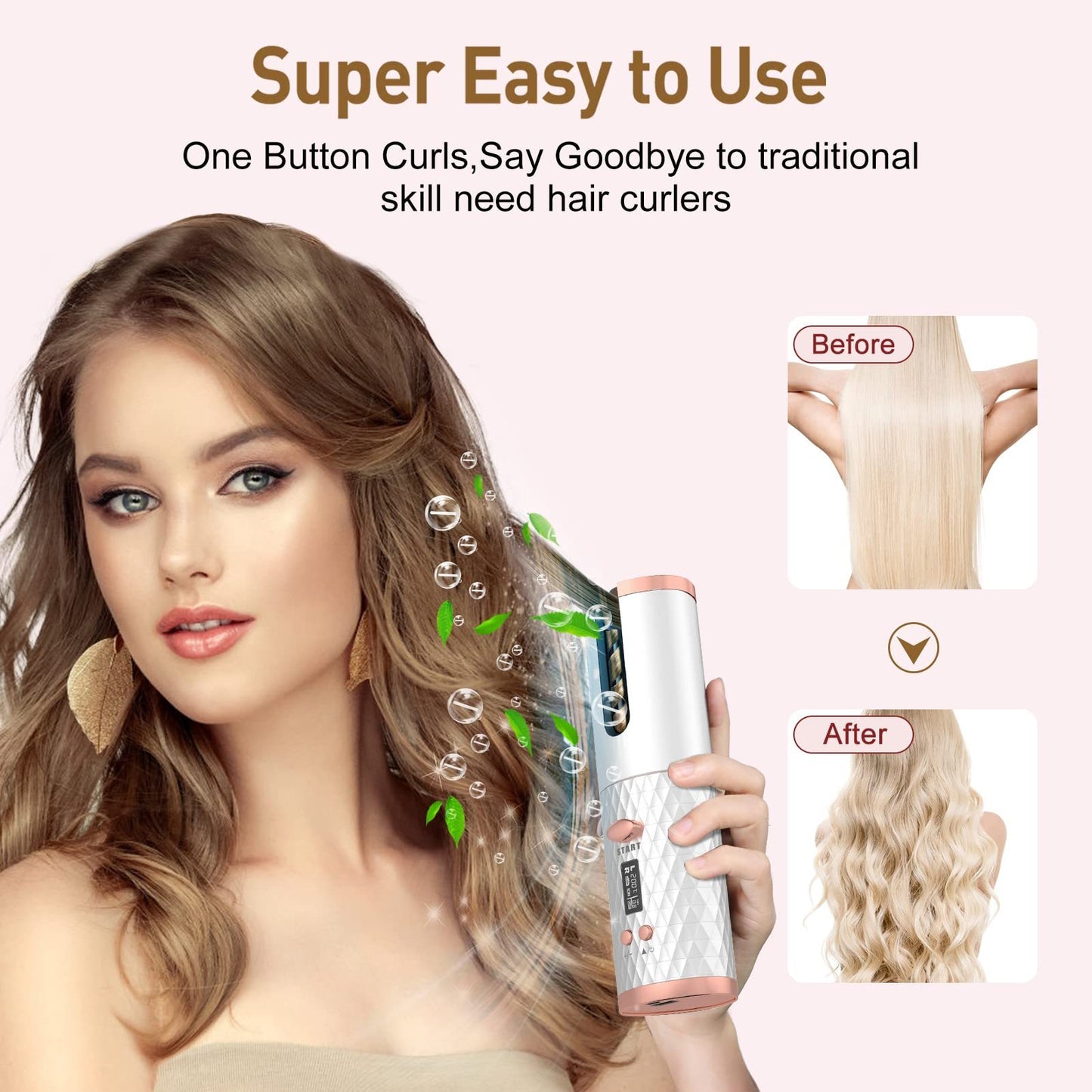 ポータブル自動ヘアアイロン、セラミック回転式コードレス自動カーリングアイロンワンド、ヘアスタイリング用ポータブルUSB充電式スピンカーラー