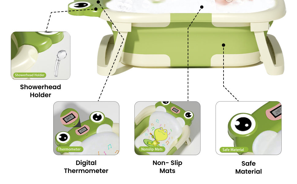 Collapsible Baby Bathtub , Foldable Baby Bath Tub With Soft Floating Cushion & Thermometer , Collapsible Portable Travel Baby Bath Tub With NoSlip Feets, Green