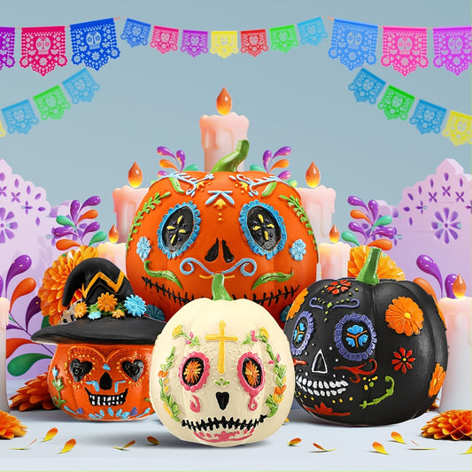 4pcs Halloween Decorations, Halloween Skull Pumpkin Statue Decorations, Pumpkin Halloween Decorations, Mexican Holiday Party Supplies