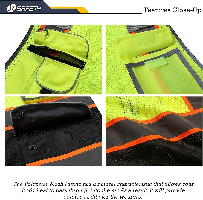 JKSafety 9 Pockets High Visibility Dual Color Zipper Front MESH Lite Safety Vest | Orange Color Triming Reflective Strip | ANSI/ISEA Standards (100-Yellow-Black, 3XL)
