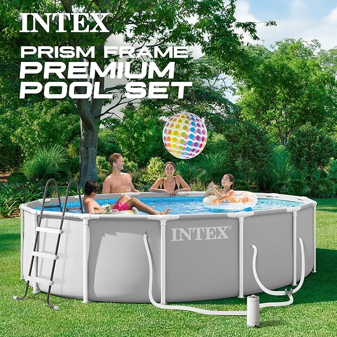INTEX Prism Frame 14フィート x 42インチ 地上プールセット、ラウンドスチールフレームプール、1000GPHカートリッジフィルターポンプ、はしご、カバー、グランドクロス